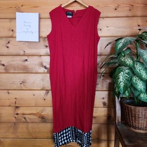 Ashro Red Burlap African Tribal Colorblock Trim Maxi Dress Split Hem Zip Size 12